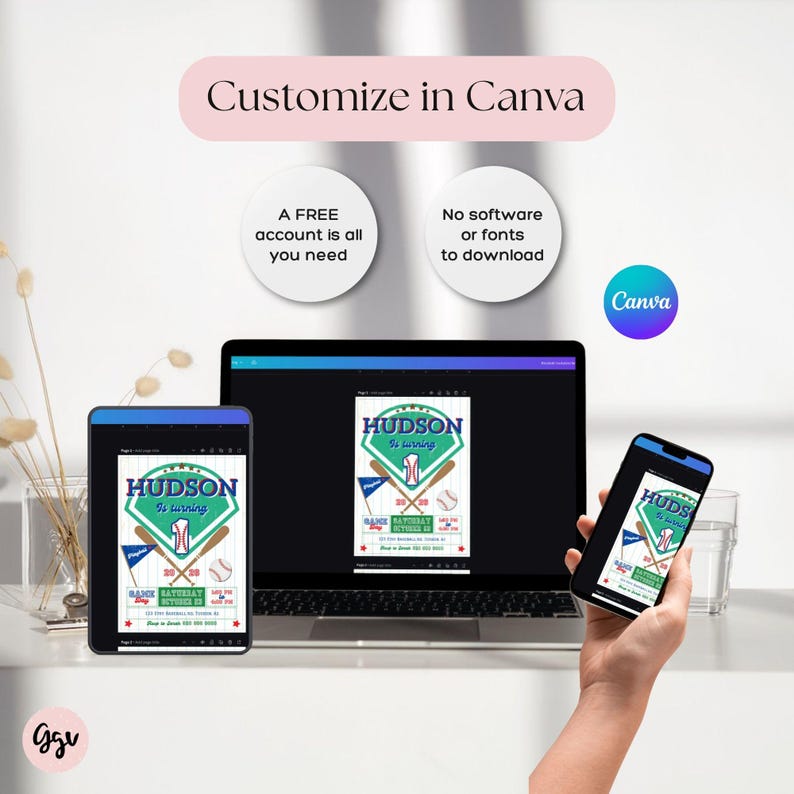 May include: A digital birthday invitation template featuring a baseball theme with the text 'HUDSON is turning' displayed on a laptop, tablet, and smartphone screen. The design includes a baseball, bats, and a diamond shape in blue and green.