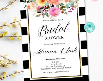Floral Bridal Shower Invitation: Black and White Stripes (Editable Template) BWF1
