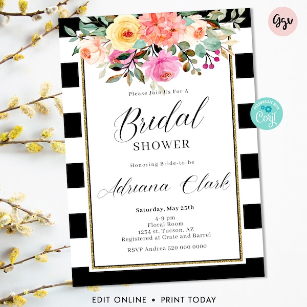 Bridal Shower Black and White Stripes Floral Invitation, Editable Template, Bridal Brunch, Birthday Party, Any Event, Instant download, BWF1