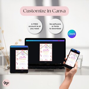 Puede incluir: Un port&aacute;til, una tableta y un smartphone muestran una invitaci&oacute;n de cumplea&ntilde;os con el nombre "Stella". La invitaci&oacute;n est&aacute; decorada con detalles en rosa y dorado. El texto "Customize in Canva" est&aacute; en la parte superior.