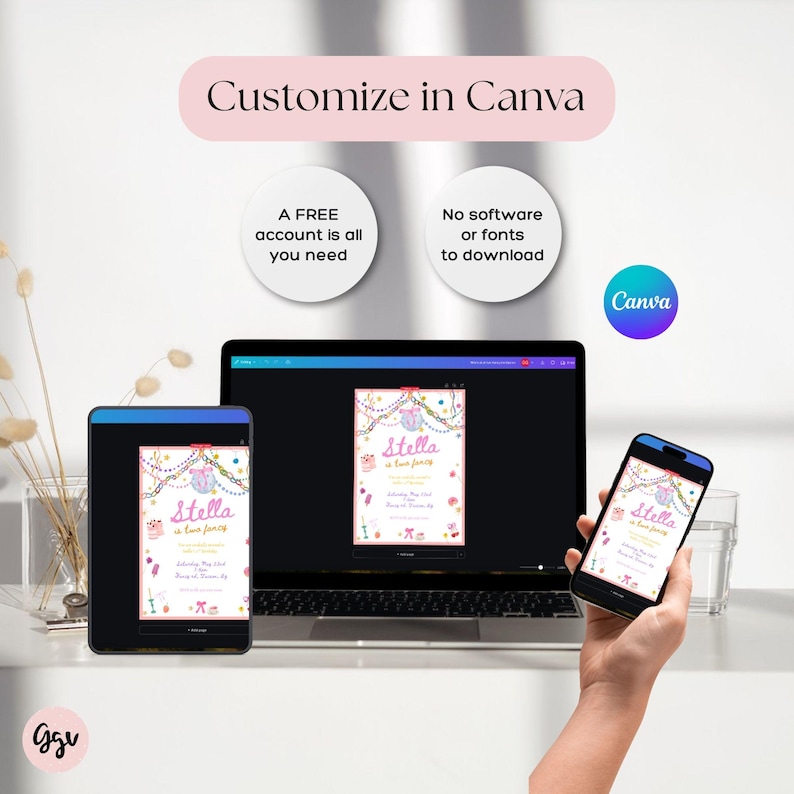 Puede incluir: Un port&aacute;til, una tableta y un smartphone muestran una invitaci&oacute;n de cumplea&ntilde;os con el nombre "Stella". La invitaci&oacute;n est&aacute; decorada con detalles en rosa y dorado. El texto "Customize in Canva" est&aacute; en la parte superior.