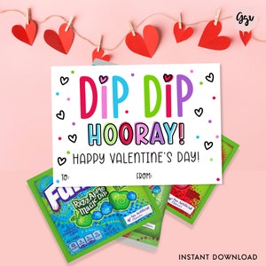 Dip Dip Hooray Valentine&#39;s Day printable tag, Fun Instant Download Valentines day tags, Kids Valentine Printable favor tags for school