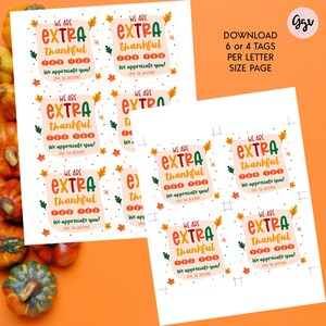 May include: Printable Thanksgiving gift tags with a fall theme. The tags feature a light peach background with a green and orange border. The text on the tags reads "We are extra thankful for you. We appreciate you! Love, The Jacksons".
