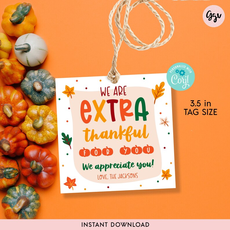 May include: A printable Thanksgiving gift tag with a fall theme. The tag is decorated with pumpkins, leaves, and polka dots. The text on the tag reads "We are extra thankful for you. We appreciate you! Love, The Jacksons". The tag is 3.5 inches in size.
