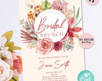 May include: A floral themed bridal brunch invitation with a watercolor illustration of flowers in shades of pink, red, and orange. The text reads "Please join us for a Bridal Brunch" and includes the bride-to-be's name, date, time, location, RSVP information, and registry details.