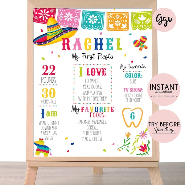 Fiesta First Birthday Sign editable template, fiesta milestone poster, fiesta birthday board, fiesta first birthday, MF01