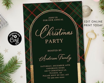 May include: A green and red plaid Christmas party invitation with gold accents. The invitation features a gold arch with the text "Join us for our annual Christmas Party" and "Hosted by Anderson Family". The invitation also includes the date, time, and location of the party.