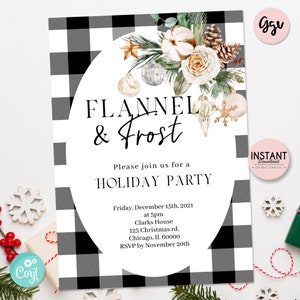 Flannel and Frost Editable Invitation, Black and white Plaid Christmas party invite, Plaid Holiday Party Invitation