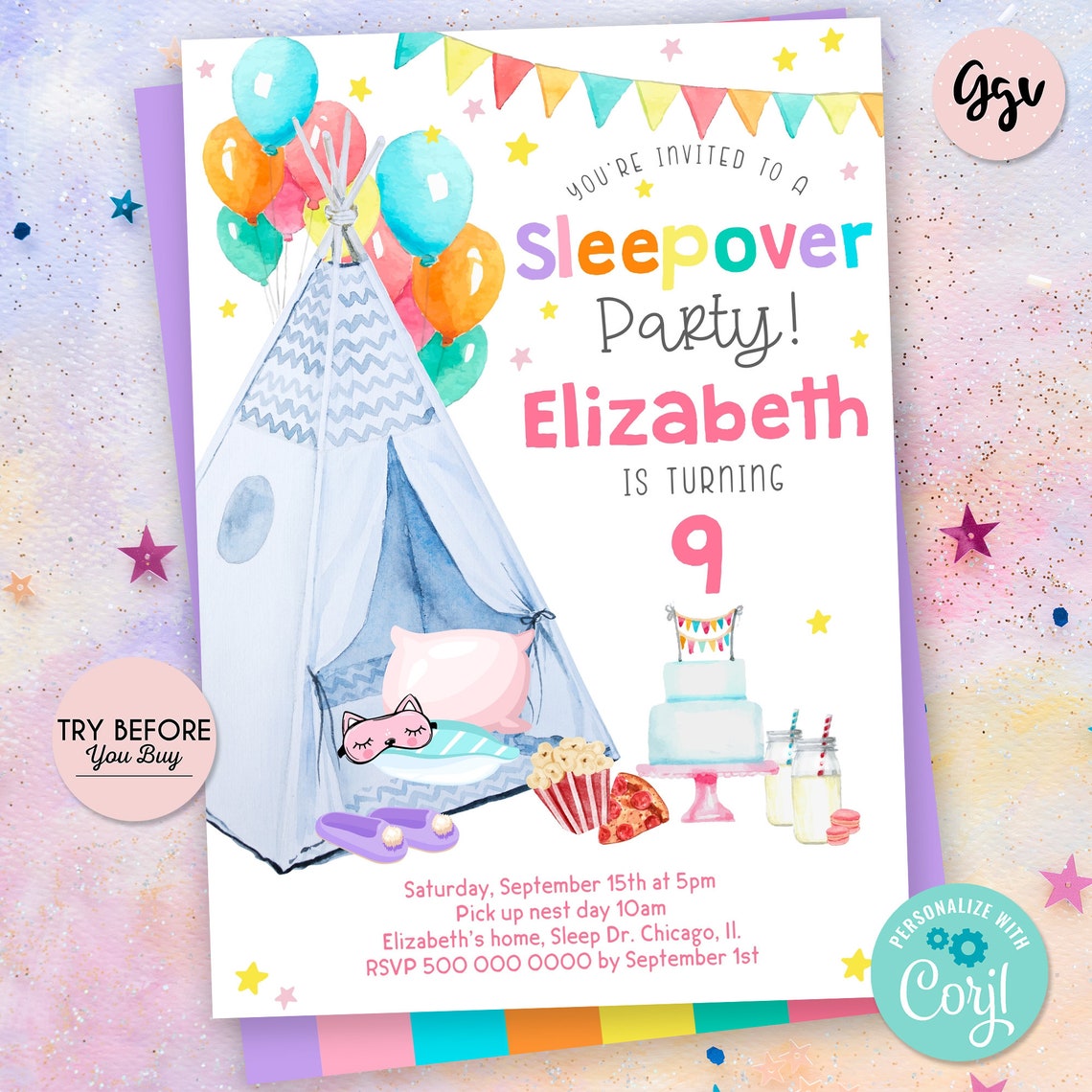 Editable Teepee Sleepover Invitation Slumber party Pajama | Etsy
