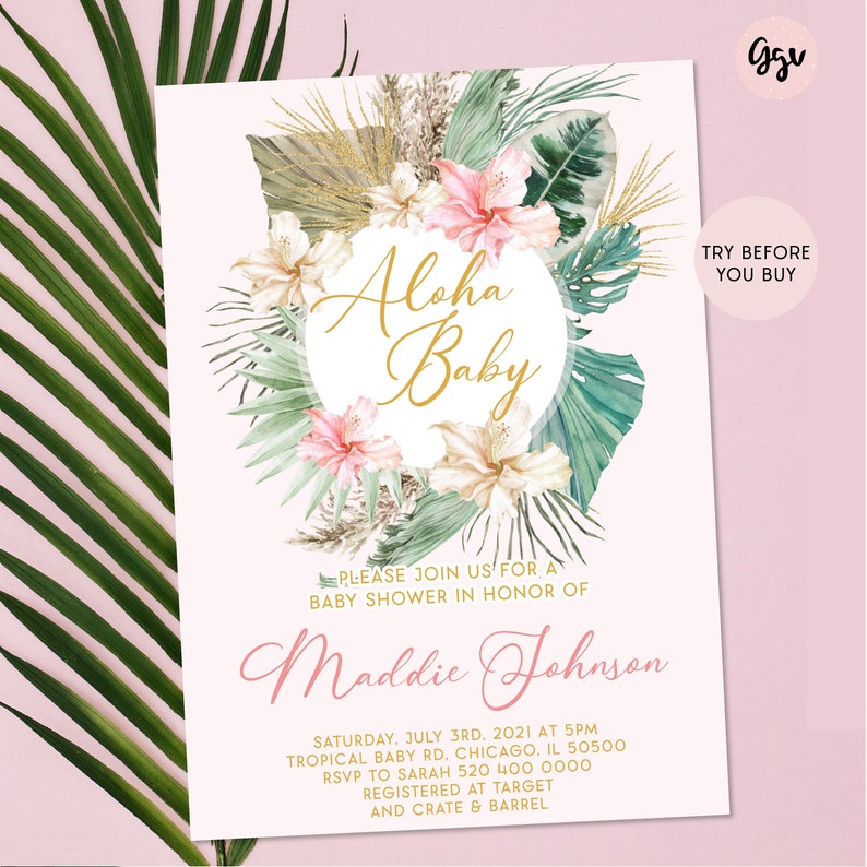 Tropical Baby Shower Invitation Template Pink Boho Tropical Etsy