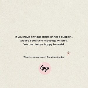 Puede incluir: Fondo beige claro con texto negro que dice: "Si tiene alguna pregunta o necesita ayuda, env&iacute;enos un mensaje en Etsy. Siempre estamos encantados de ayudarle. &iexcl;Muchas gracias por visitarnos!" Un c&iacute;rculo rosa con las letras "ggv" est&aacute; en la parte inferior.