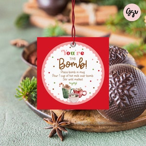 You&#39;re the bomb Hot Chocolate printable tag, Christmas hot chocolate bomb tag, winter hot cocoa bomb round sticker, cookies & cocoa favor