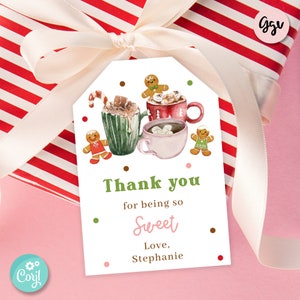 Bedankt dat je zo lief bent Afdrukbaar label Kerstbedankje Bedankje voor koekjes en cacao Gepersonaliseerd cadeaulabel voor de feestdagen Warme chocolademelk