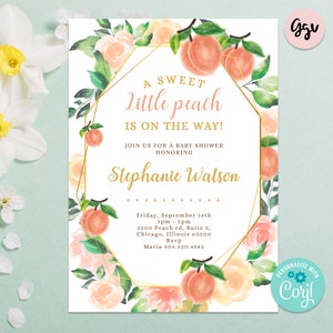 Sweet peach on the way baby shower invitation, editable peach invitation, sweet peach invite, editable template