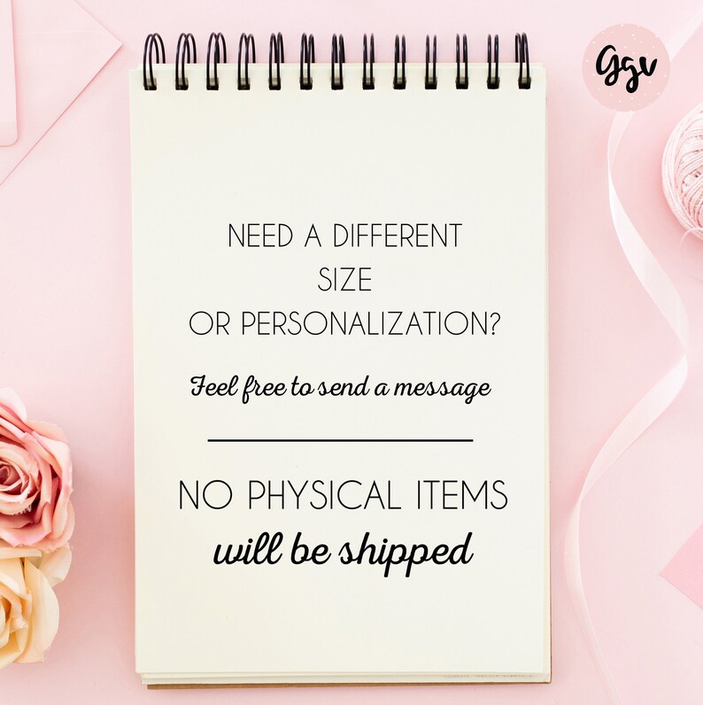 Puede incluir: Un bloc de notas blanco con una encuadernaci&oacute;n en espiral negra sobre un fondo rosa. El bloc de notas tiene el texto "NEED A DIFFERENT SIZE OR PERSONALIZATION? Feel free to send a message NO PHYSICAL ITEMS will be shipped" escrito en &eacute;l.