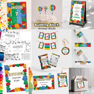 May include: A collection of colorful birthday party supplies with a building block theme. Includes invitations, cupcake toppers, a welcome sign, coloring pages, banners, water bottle labels, favor bag labels, and thank you tags. The text "JASON" and "7" are visible.
