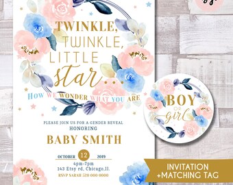 May include: A gender reveal party invitation with a watercolor floral design in shades of blue and pink. The invitation features the text "Twinkle, Twinkle, Little Star... How We Wonder What You Are." and the date "October 12, 2019".