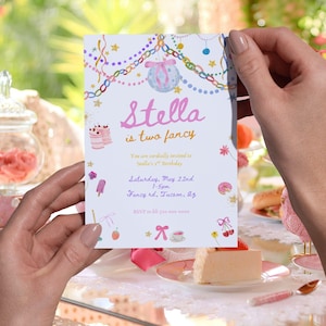 May include: A birthday invitation with the text "Stella is two fancy." The invitation is decorated with illustrations of a cake, ice cream, and other party-themed graphics. The invitation includes the date, time, and location of the party.