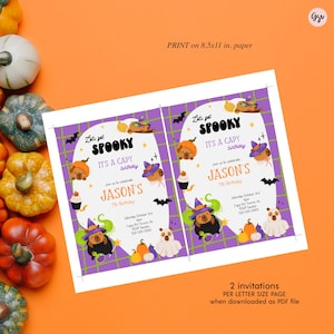 May include: Two Halloween-themed invitations with the text "Let's get SPOOKY, IT'S A CAPY birthday" and "JASON'S 7th Birthday". The invitations feature cartoon dogs in witch hats, pumpkins, bats, and cupcakes. The invitations are printed on 21.59cm x 27.94cm paper.