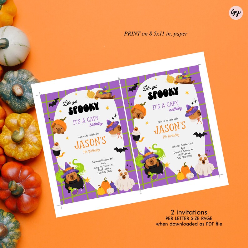 May include: Two Halloween-themed invitations with the text "Let's get SPOOKY, IT'S A CAPY birthday" and "JASON'S 7th Birthday". The invitations feature cartoon dogs in witch hats, pumpkins, bats, and cupcakes. The invitations are printed on 21.59cm x 27.94cm paper.