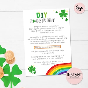 St Patricks Day DIY cookie kit instruction printable card, Patricks day cookie card, printable cookie card