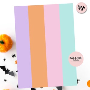 May include: Four vertical stripes of paper in lavender, orange, pink, and light blue. The text "BACKSIDE Included" is in a circle on the right side of the image.