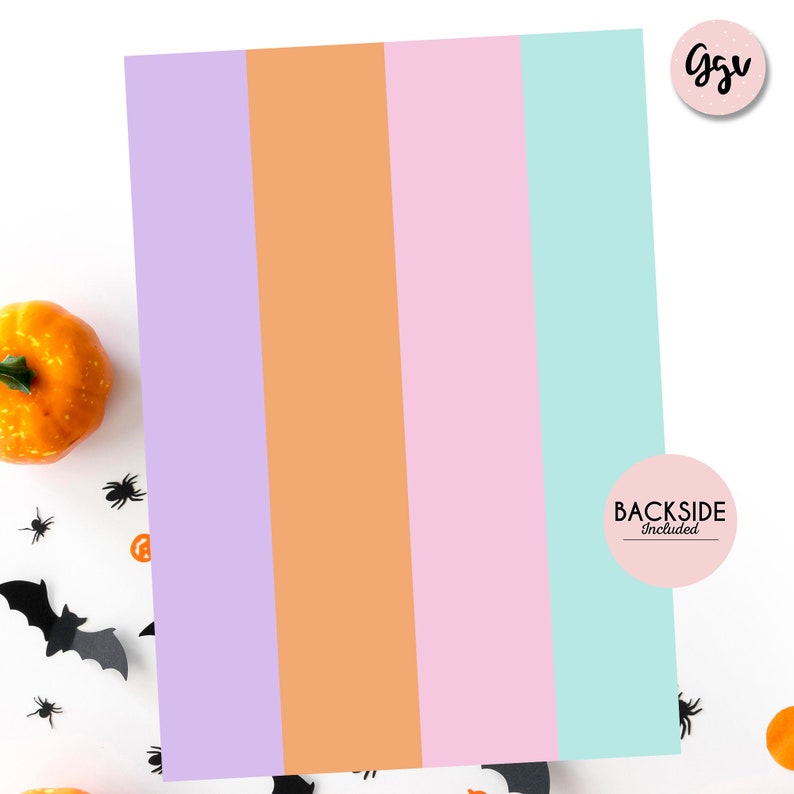 May include: Four vertical stripes of paper in lavender, orange, pink, and light blue. The text "BACKSIDE Included" is in a circle on the right side of the image.