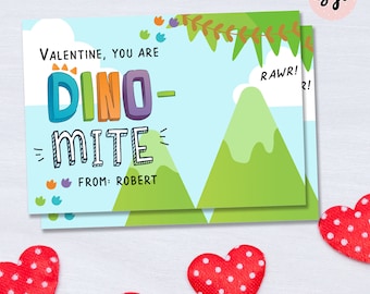 Tarjetas de San Valentín Dino-Mite: Tarjetas imprimibles de dinosaurios (archivo digital)