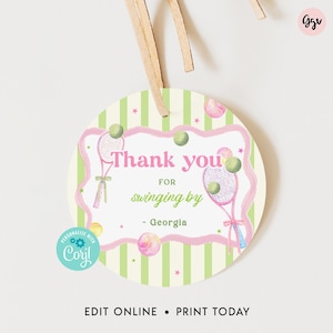 Etiqueta para lembrancinhas de aniversário de tênis, etiquetas de agradecimento editáveis para raquete rosa, etiqueta para sacola de brindes para impressão para garotas esportivas, download instantâneo TP2