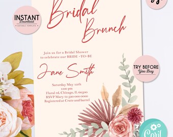 May include: A cream-colored invitation for a bridal brunch, featuring the words "Bridal Brunch" in a burgundy script. The invitation includes details for the event, floral accents, and the text "Instant Download - Editable Template."
