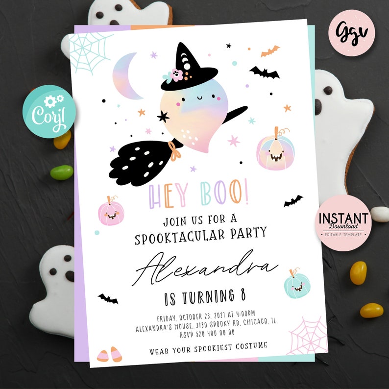 May include: A Halloween party invitation with a whimsical design. It features a cute ghost witch character, pumpkins, bats, and the text "Hey Boo!" The invitation includes party details and the name "Alexandra".
