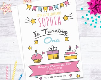 First birthday Invitation, 1st birthday cupcake invitation, printable invitation, cake birthday invitation, cupcake birthday invitation