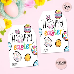 Etiquetas para impressão de coelhinho da Páscoa Hoppy, etiquetas para presente de cesta de Páscoa, etiquetas para lembrancinhas de Páscoa Hoppy, download instantâneo