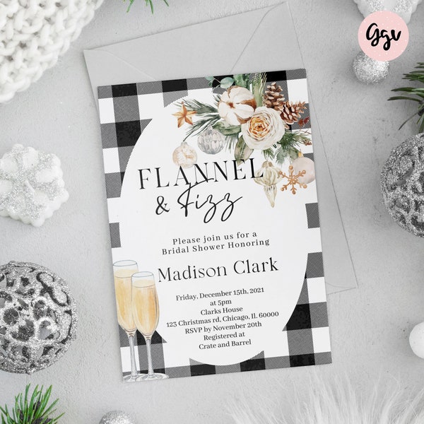 Flannel and Fizz Bridal Shower Invitation Editable invite flannel and fizz Plaid bridal shower invitation Winter bridal shower