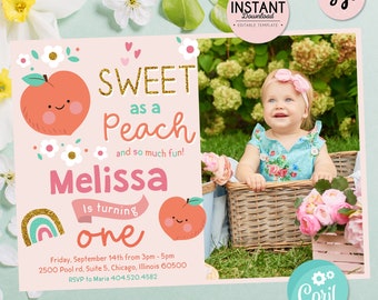 Editable Peach 1st Birthday Invitation with Photo (Digital Download)