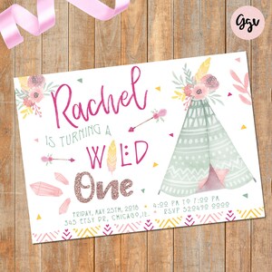 BOHO BIRTHDAY INVITATION, wild one invite, tribal invitation, teepee, boho floral, girl birthday, first birthday invitation, printable