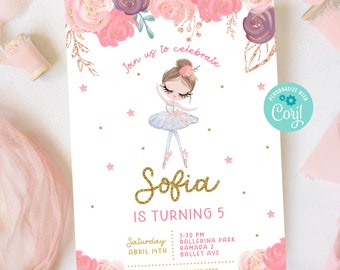 May include: A pink and gold birthday invitation with a ballerina illustration. The invitation says "Join us to celebrate Sofia is turning 5" and includes details for the party, including the date, time, and location.