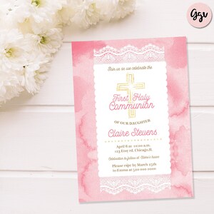 First Holy communion printable invitation, girl first communion, 1st communion, religious invitation, baptism invitation, lace invitation