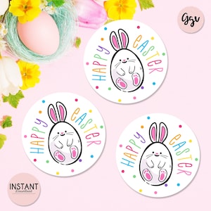 Étiquette ronde imprimable de lapin de Joyeuses Pâques, étiquette cadeau de lapin, étiquettes de faveur rondes de joyeuses Pâques, téléchargement instantané