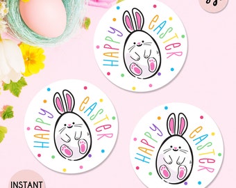Printable happy easter bunny round tag, bunny gift tag, happy easter round favor tags, instant download