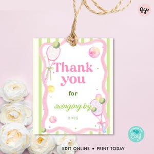 Etiqueta de tênis rosa editável, etiquetas de presente para festa de aniversário de raquete para meninas, modelo de etiqueta de esporte de verão para impressão, download instantâneo TP2