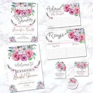 Ensemble imprimable douche nuptiale, invitation de douche de mariage floral, carte de recette, carte conseils, douche nuptiale décor, douche de mariage, invitation de douche