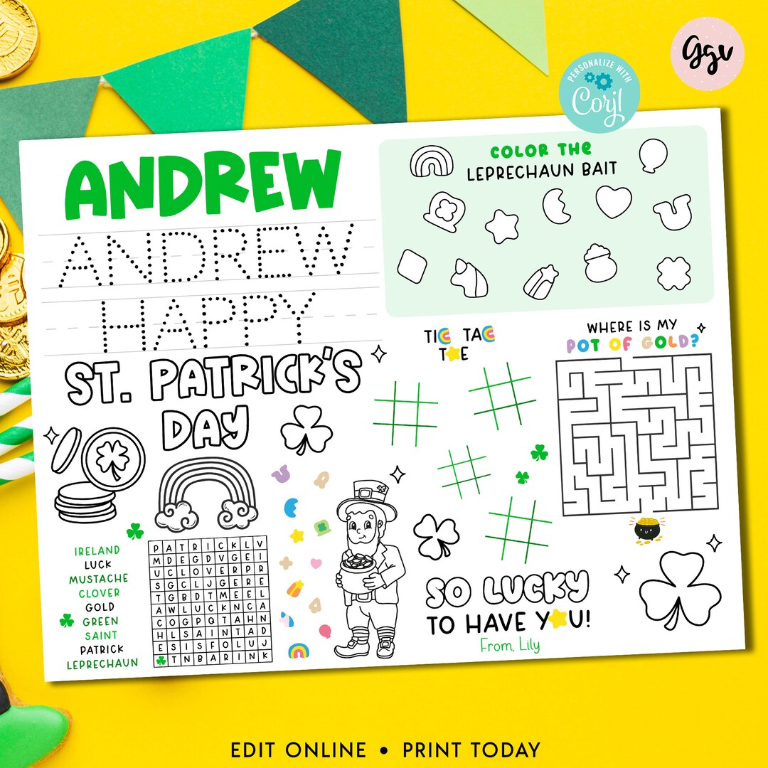 Editable Kids St Patrick's Day Activity Placemat, St Patrick's Party ...