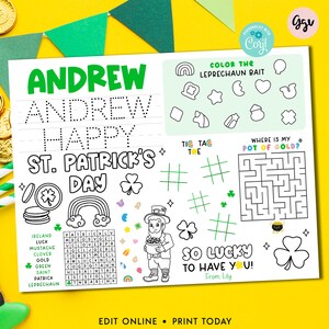 Bearbeitbares Kinder St Patrick&#39;s Day Aktivitäts-Platzset, St Patrick&#39;s Party Färbungsspiele Tischset, St Patricks druckbares benutzerdefiniertes Geschenk für Kinder