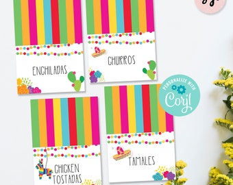 Mexican fiesta food labels, editable cactus food tents, printable fiesta place cards, MF01