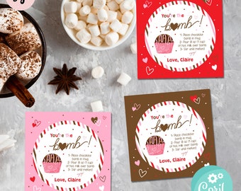 Etiqueta de bomba de chocolate caliente para San Valentín: imprimible y editable (Corjl)
