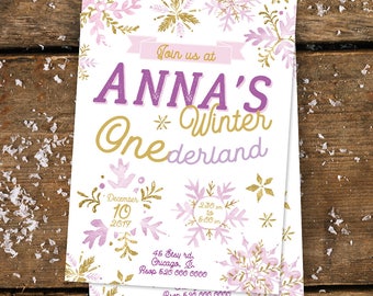 May include: A purple and gold invitation for a winter-themed birthday party. The invitation says "Join us at Anna's Winter Onederland" with the date "December 10, 2017" and the time "2:30 to 6:00 pm".