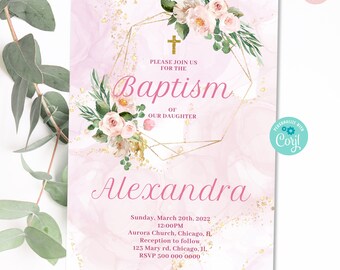 Op de afbeelding: Een roze en gouden doop uitnodiging met een bloemenontwerp en een geometrisch frame. De uitnodiging bevat de tekst "U bent van harte welkom op de doop van onze dochter Alexandra" en details over het evenement, inclusief de datum, tijd, locatie en RSVP-informatie.