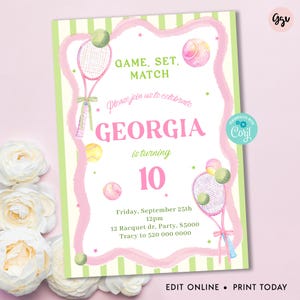 Editable Tennis Birthday Party Invitation, Pink Tennis Invite, Pink Racquet Summer Printable Template, Game Set Match, Instant Download, TP2