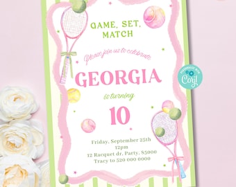 Pink Tennis Birthday Invitation Template, Sports Party (Digital Download) TP2